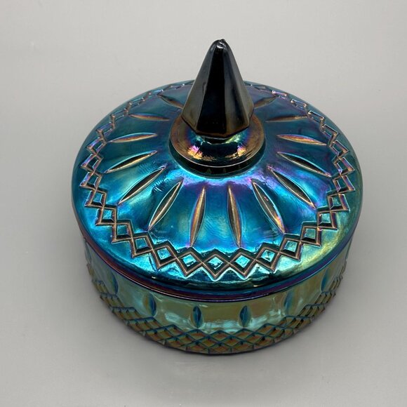 Vintage Indiana Glass Princess Candy Dish Blue Carnival Dish Lidded Vanity - Picture 3 of 11